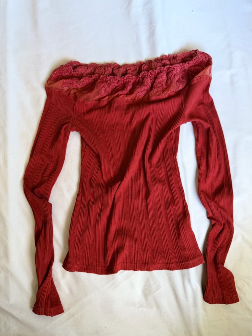 Free People Ribbed Off Shoulder Top Lace Trim Fitted Going Out Rust Red M Boho